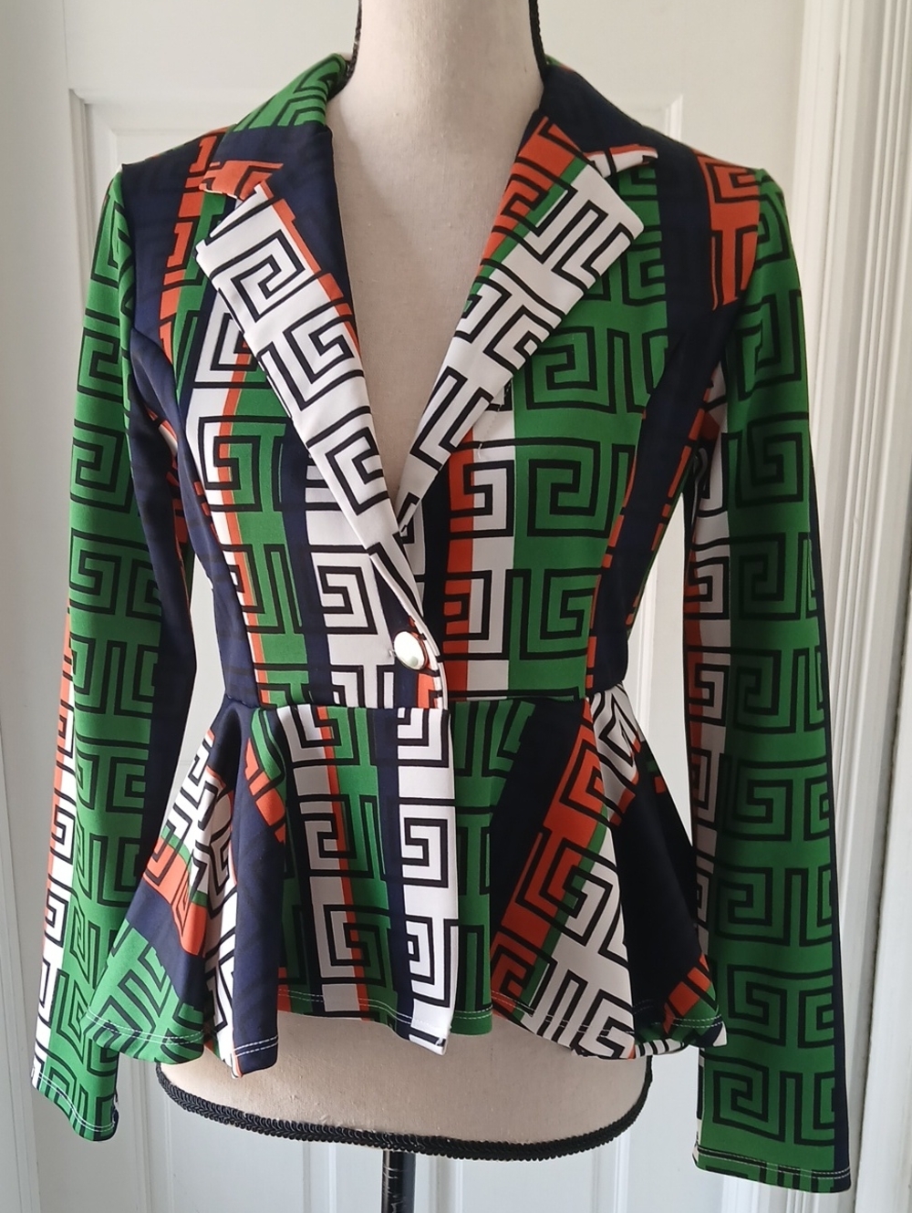 Green Geo-Print Peplum Blazer with Navy & Orange Accents